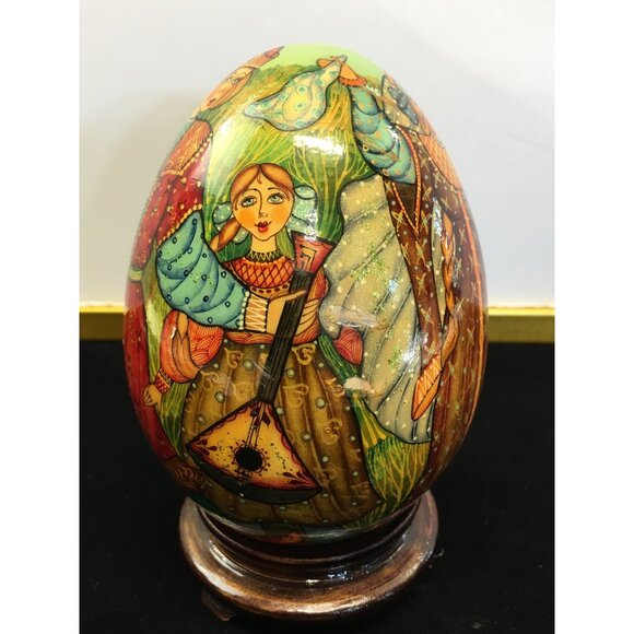 Vintage Russian Painted Lacquered Wooden Egg Folk Art with Stand 6'' Tall - Picture 8 of 14